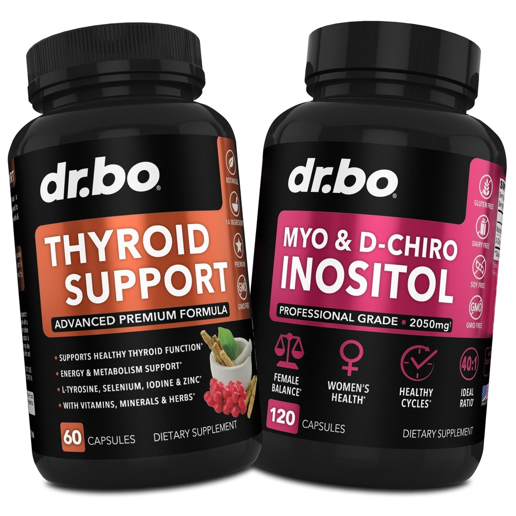 Dukungan Thyroid & Myo-Inositol & D-Chiro Inositol Kapsul - Dukungan Alam untuk Metabolisme, Mood & Energy - 40: 1 Rasio Hormone untuk Perempuan, Siklus Menstrual, Kesehatan Wanita