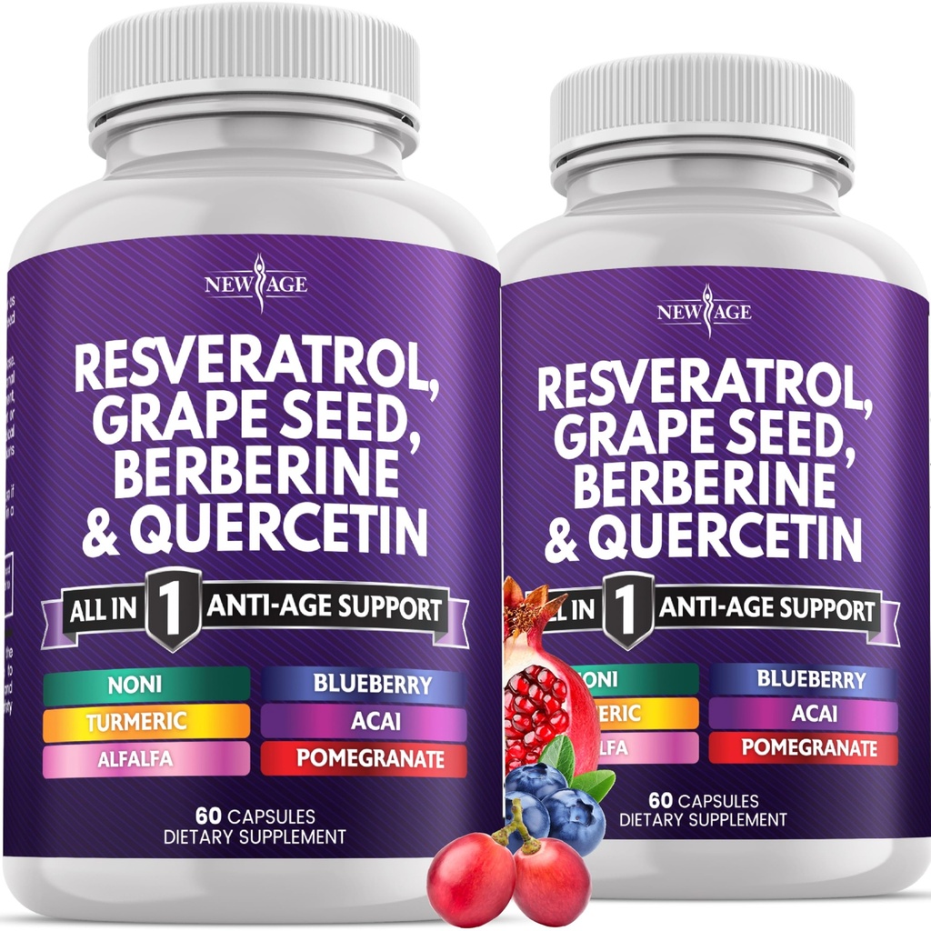 Reveratrol Baru, Berberine, Ekstrak Benih Grap, Quercetin, Tambahan Polyphenol untuk Perempuan dan Pria dengan Ekstrak Noni, N- Acetyl Cysteine, Ekstrak Acai - 120 Capsules