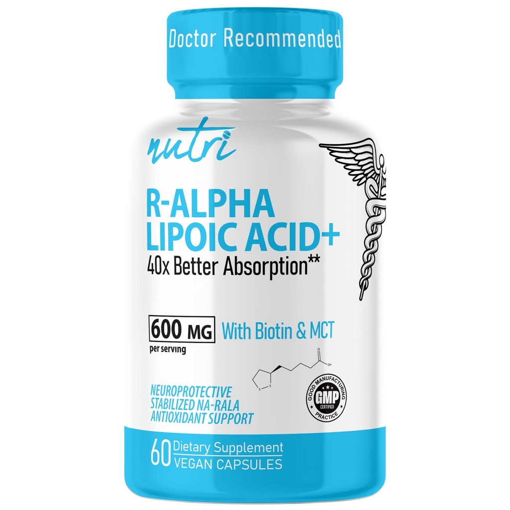 Nutri R Alpha Lipoic Acid 600mg Capsules - R Lipoic Acid Stabilisasi dengan Biotin - Aktif Bentuk RALA - 600 mg Clinical Dosage - Dukungan Energi Cellular Yang Kuat - 60 Vegan Capsules - RALA