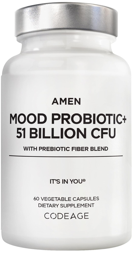 Amen Mood Probiotic Supplement 51 Billion CFU - Organic Pregnance and Progories - Aciobhilus Probiotic Pills, Fibers - Mood Organic Ashwagandha, Blueberry - Vegan & Non-GMO - 60 Capsules
