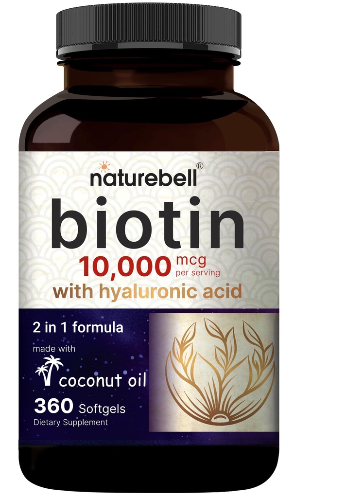 NatureBell Biotin 1000mcg + Hyaluronic Acid 25mg 124; 360 Coconut Oil Softgels, Premium Biotin Suplemen untuk Rambut Skin dan Nails *