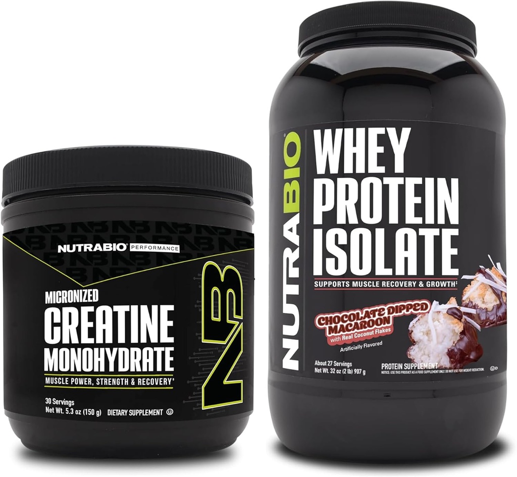 NutraBio Creatine Monohydrate, Unfeatured, 150g and Whey Protein Isoloate, Chocolate Dipped Macaroon, Suplemen Bundle - Energi Otot, Lean Muscle Growth, Recovery, dan Kekuatan