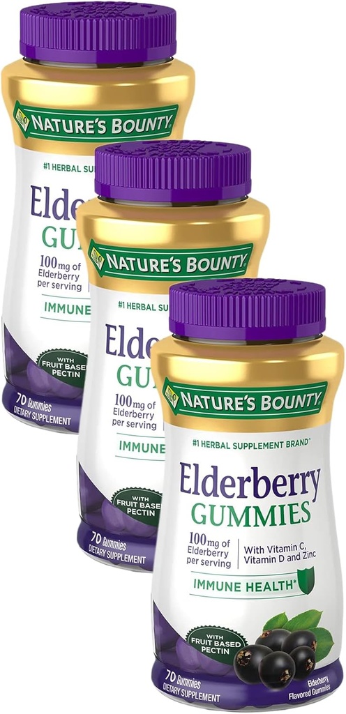 Nature 's Bounty Elderberry Gummies, Dietary Supplemen, Support Immune Health, Berisi Vitamin A, C, D, E dan Zinc, 100 mg, 70 Gummies (Paket 3)