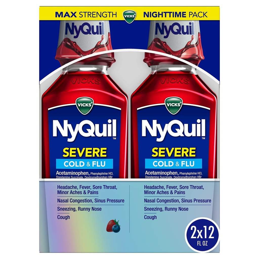 Vicks NyQuil Seveny Cold, Flu, and Contraffic Medicine, 2x12 lf oz Twin Pack, Berry Flavor, Maximum Power, Nighttime Relief