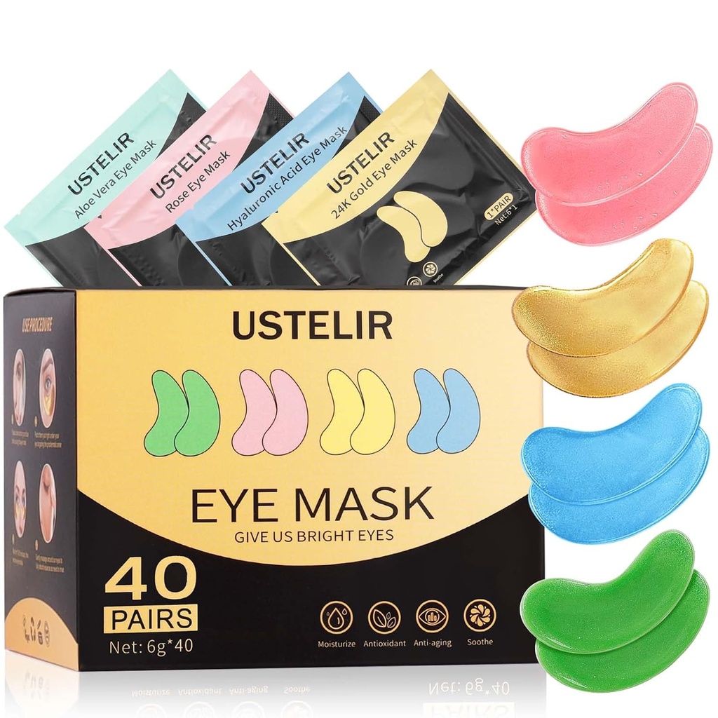 Under Eye Patches, 40 Pairs Eye Mask for Dark Circles, Puffy Eyes, Undereye Bags, Wrinkles, Eye Mask Patches with 24K Gold, Hyaluronic Acid, Rose & loe Vera, Eye Treatment Skin Care for Men & Women Gift