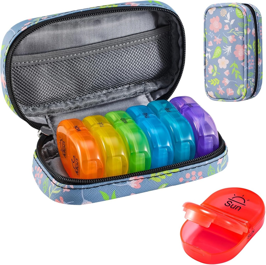 Serfeymi Weekly Travel Pill Organizer 2 Kali sehari Hari AM PM Upgraded Rainbow Pill Box 7 Hari dengan Kasus Portable Zpper PU Leather Pill, Medical Organizer for Pills, Vitamin, Fish Oils - Floral 02