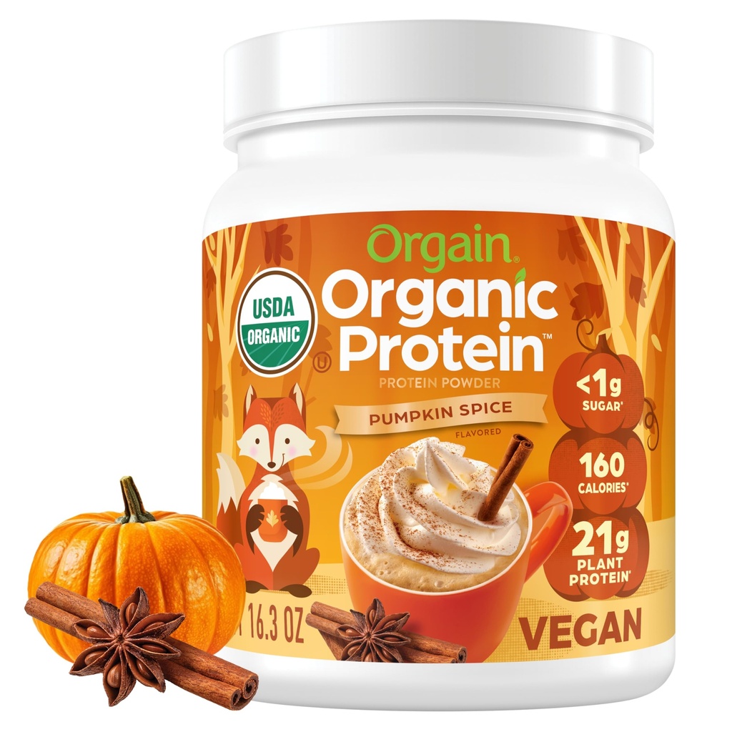 Orgain Powder Organik Vegan, Pumpkin Spice Seasonal Flavor - 21g of Plant Protein, 5g Prebiotic Fiber, No Laktosa Ingrediens, No Ditambahkan Sugar, Non-GMO, For Shakes & Smoothies, 1.02 lb