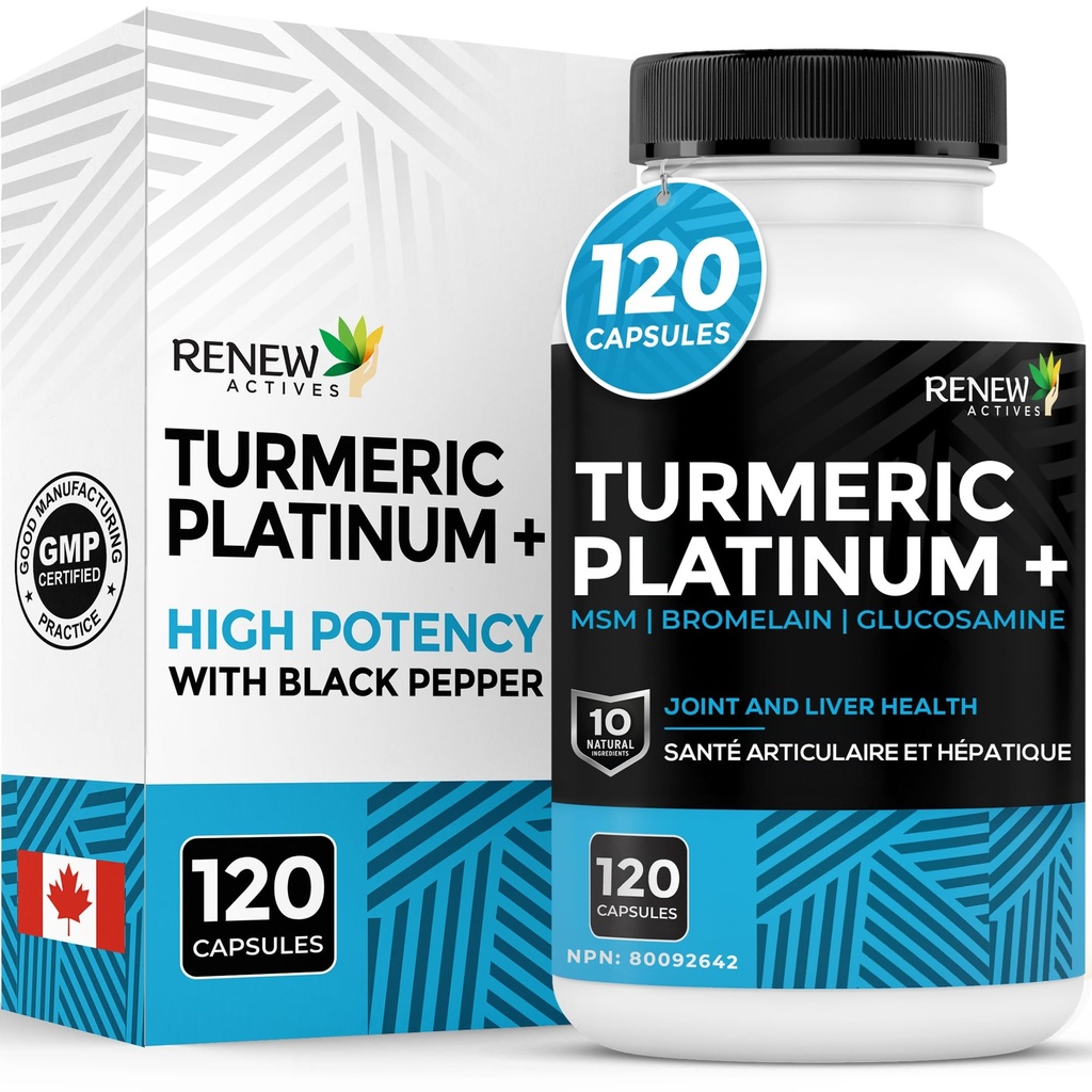 Renew Actives Turmeric Platinum 1350MG per 3 Capsules with Black Pepper & Ginger - Antioksidant, Liver & Digetical Support - Reduces Inflammation & Boosts Immunity - Made in Canada - 120 Capsules