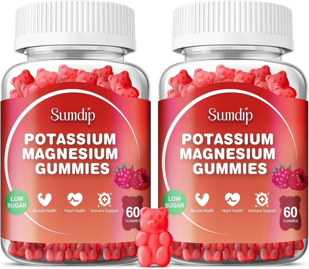 Gummies Potassium Magnesium, Kesehatan Otot & Hati, Kram Kaki dan Tidur, Penambahan Potasium Vegan Gummy Non- GMO Gluten Bebas 60 Kimmies- 2 Pack, Raspberry
