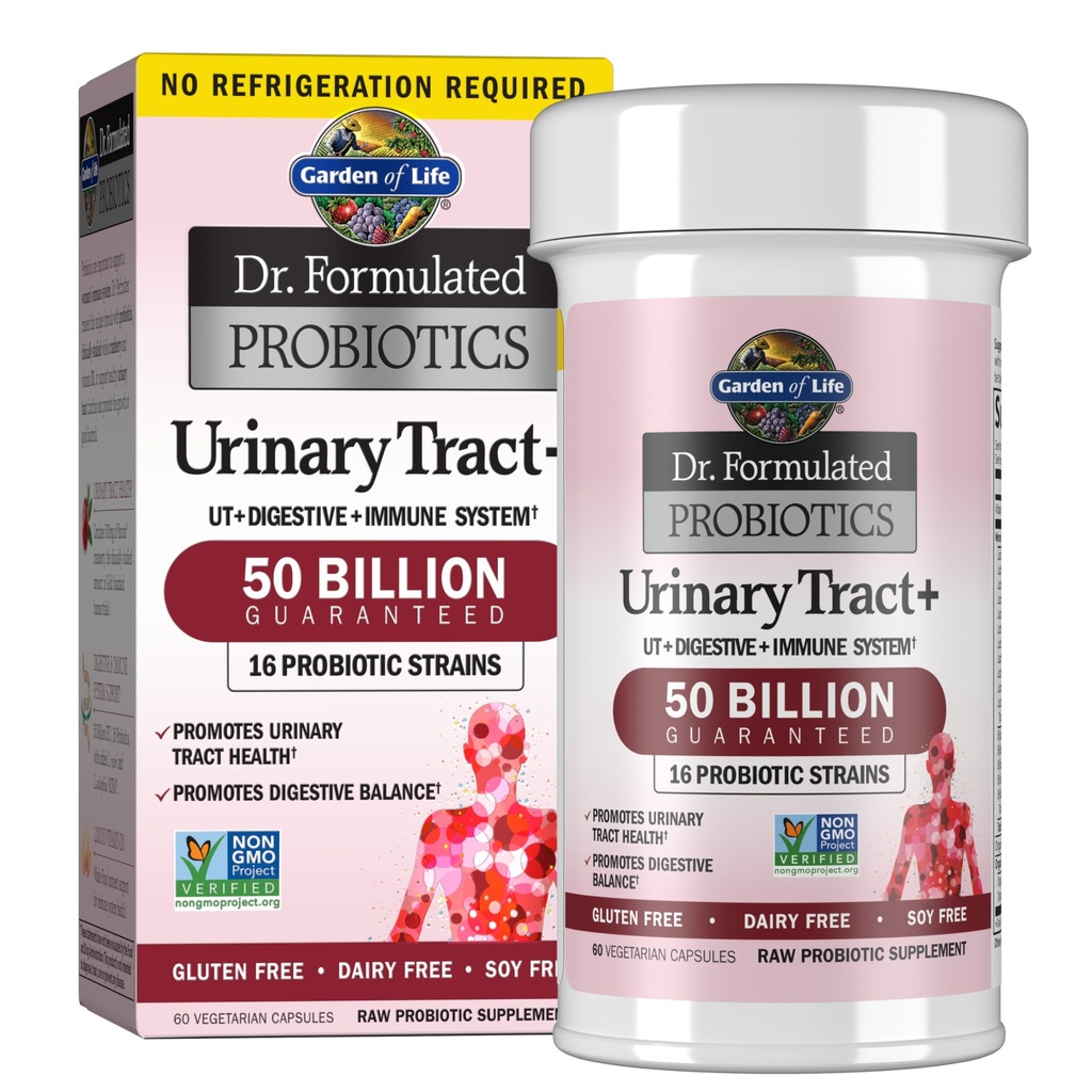 Garden of Life Dr. Formulated Programtic Tract + - Acipolhilus Probiotic Support Urinary Tract Health, Digetical Stable Shelf-Gluten, Dairy, and Soy- Free - 60 Vegetarian Capsules