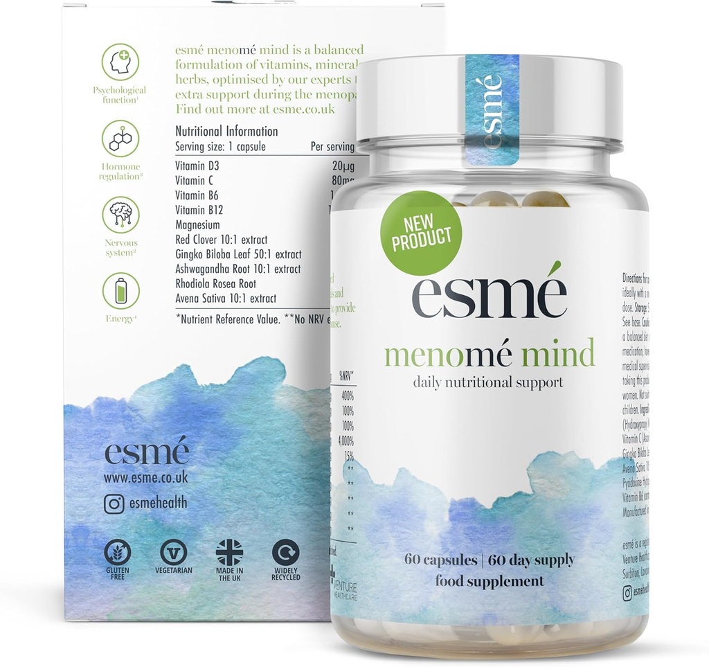 esmé menomé Mind - Daily Nutrination Dupport Before, During and After The Menopause - Two Month Suply of 60 Capsules, Contain ashwagandha and Gingko biloba