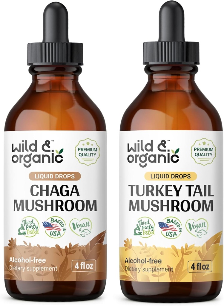 Wild & Organic Chaga Mushroom Ticture 4 fl oz & Turkey Tail Mushroom Tincture 4 fl oz