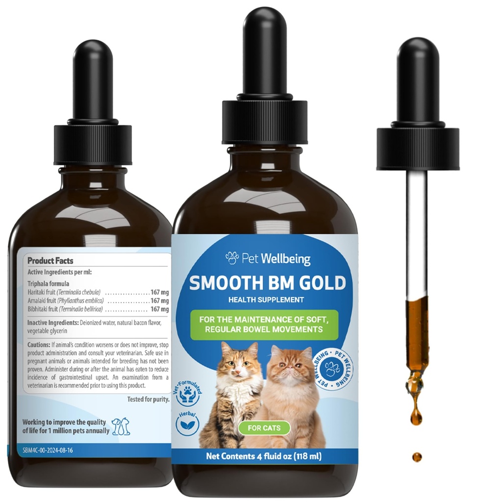 Pet Wellsing Smooth BM Gold for Dog & Cats - Relief sembelit & Stool Softtener, Menyediakan Gerakan Boul Sehat - Suplemen Serba Alam 4 oz (118 ml)