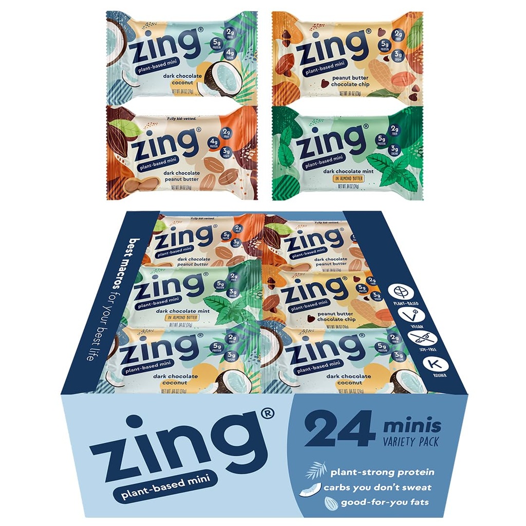 Zing Kids Protein Bars Variety Pack, Gluten Free 100 Calorie Mini Bars dengan High Protein, Bar Nutres Vegan, Dairy Free Plant Based Protein - 24 count
