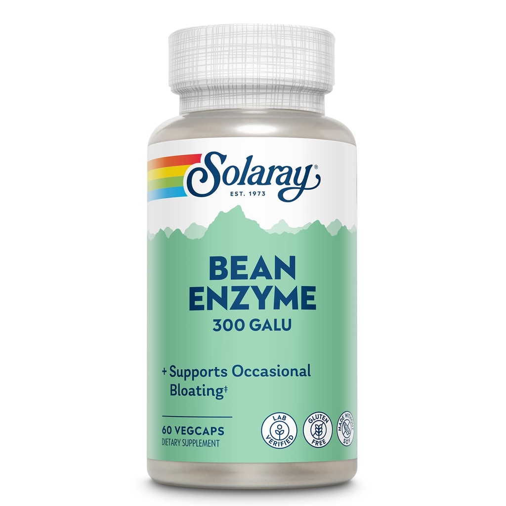 SOLARAY Bean Enzyme 300 GalU - Alpha Galactoidase Digetical Enzymes for Women and Men - Digetical Health Supplement - Support Occational Bloating and Gas Relief for Adults - 60 Servacings, 60 VevCaps