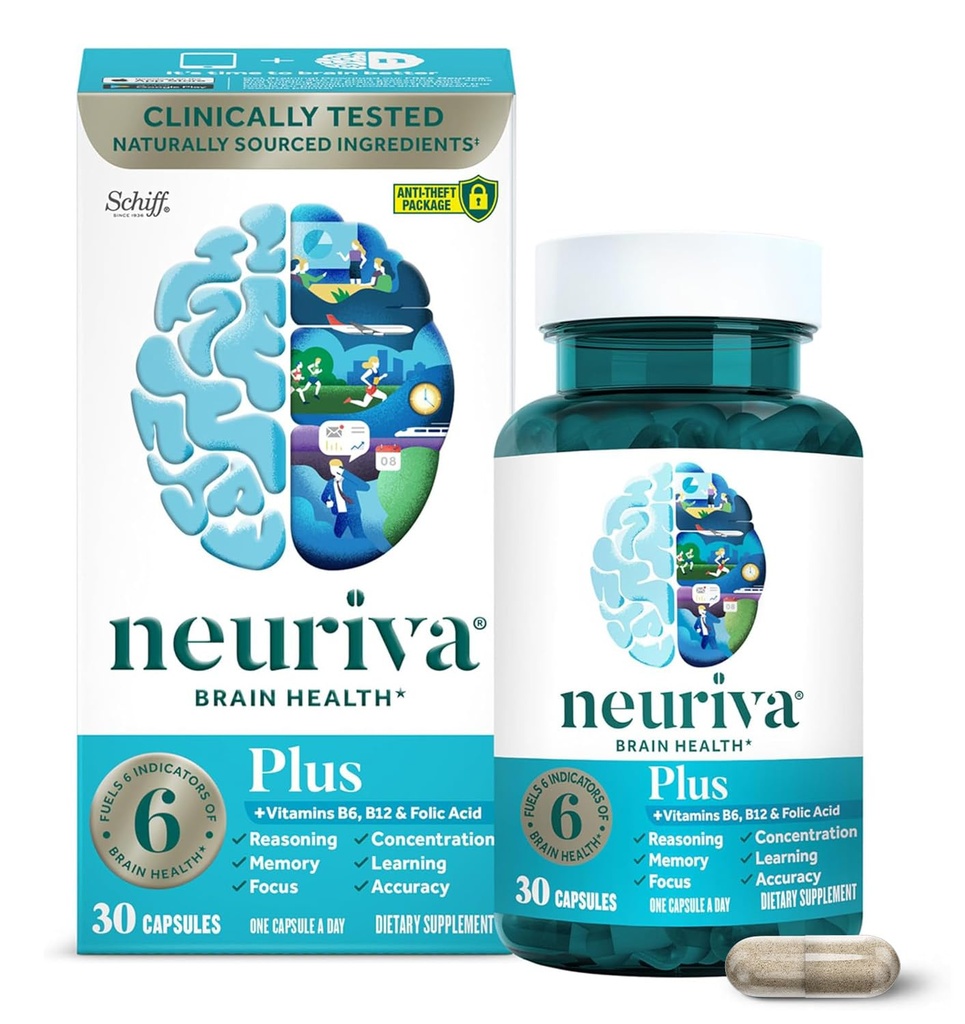 Suplemen NEURIVA Plus Brain untuk Memori, Fokus dan Konsentrasi Fungsi + Kognitif dengan Clinically Diuji Ootropics Phoshatidyserizer dan Neurofactor, Vitamin B6 & B12, 30 Count Capsules
