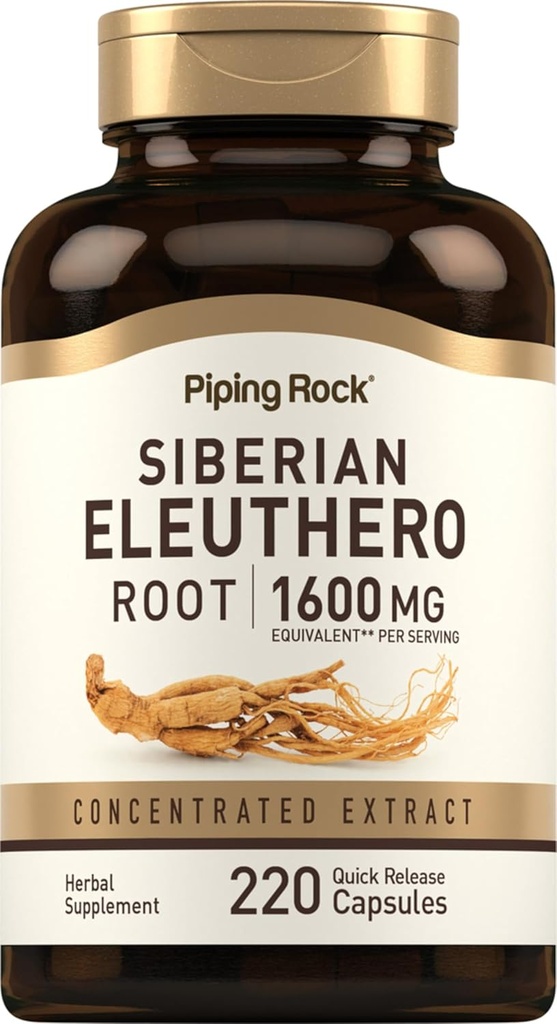 Piping Rock Siberian Eleuthero Root Capsules 1600mg 124; 220 Count 124; terkonsentrasi Herbal Ekstraksi 126; Non-GMO, Gluten Free Suplemen
