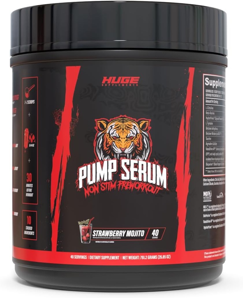 Suplemen Besar Pompa Serum, Stim Free Pre Workout dan Nitric Oxide Booster untuk Enhance Focus, Pumps, Fulness dengan No Caffeine, L-Citrulline, GlycerPump, L- Tyrosine, Nitroigine (Strawberry Mojito)
