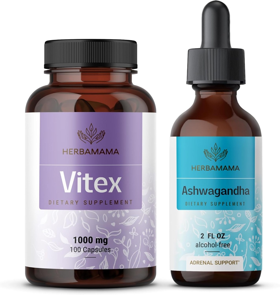 HERBAMAMA Vitex dan Ashwagandha Kit - Bundle of 1000 mg Vitex Chasules & Ashwagandha Liquid Drops 2 - Vegan, Non- GMO, Sugar & Alcohol-Free - 2 Pack