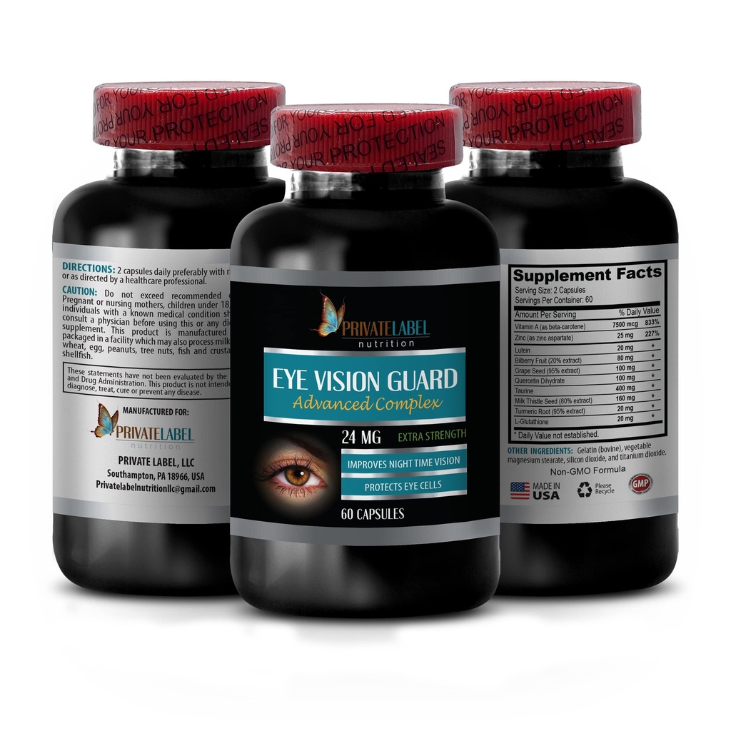 Vision Vitamin dengan Lutein - Eye Vision Guard 24 MG - Advanced Complex, Eye Vision Suplemen Lutein, Vitamin A Suplemen, Turmeric Extract, Bilberry Extract, Taurine, 1 Bot 60 Capsules