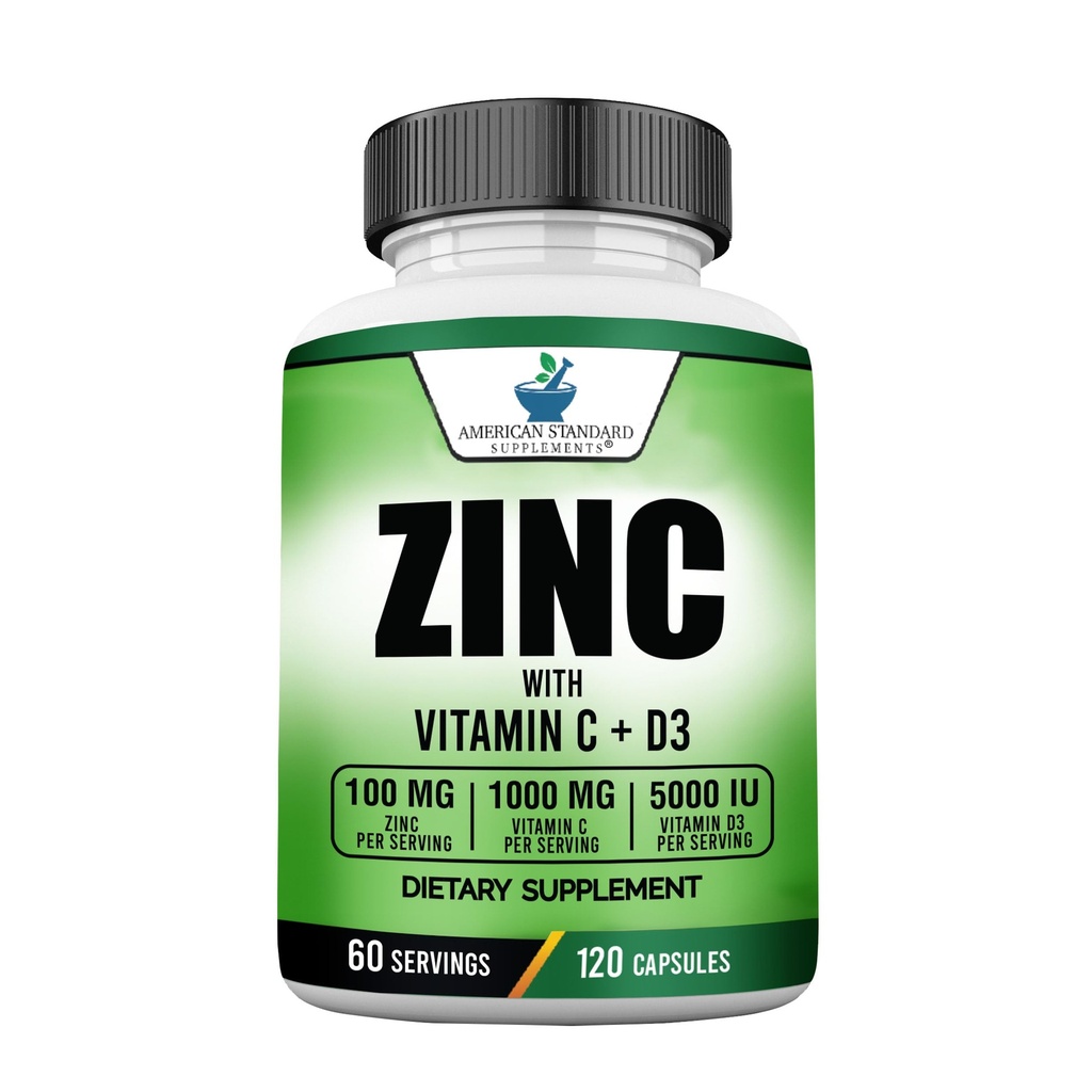 Tambahan Standar Amerika Zinc 100mg, Vitamin C 10000mg, dan Vitamin D3 5000 IU (125mcg) Per Serving - Gluten Bebas, Non-GMO, 120 Capsules, 60 Servings