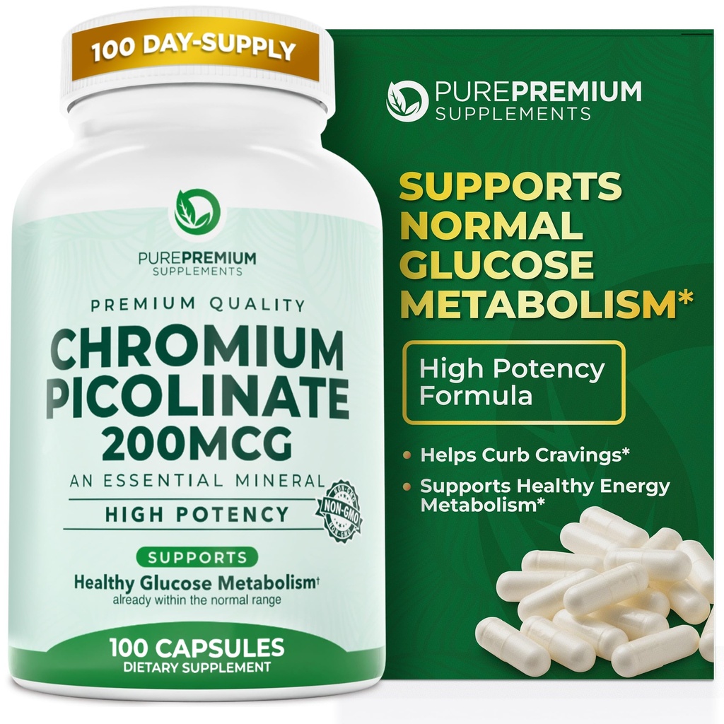 PurePremium Chromium Picolinate 200mcg - Suplemen Potensi Kromium Tinggi - Dukungan Kesehatan Mineral Estial untuk Pria / Wanita - Gluten- Bebas - 3 Bulan Suppply - 100 Kapsul