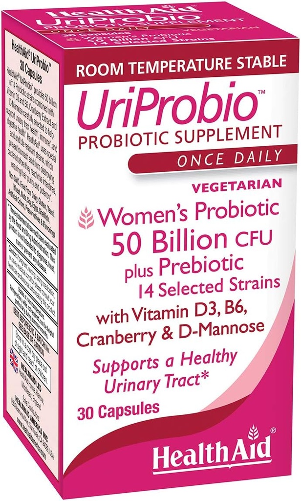 HealthAid UriProbio - 50 Milyar CFU Women 's Probiotic with Prebiotic, Cranberry, D-Mannose, Vitamin D & B: 124; Mendukung Tract Uriner & Digetical Wellness, Acid & Bile Resistant, Vegan
