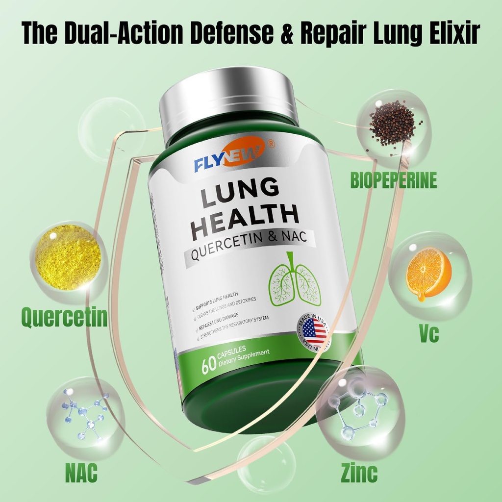 Kesehatan Lung, Herbal Quercetin & NAC, Dukungan Napas, Lung Cleanse, Vitamin C, Zinc, GMP, Dibuat di Amerika Serikat 60 Kapsul