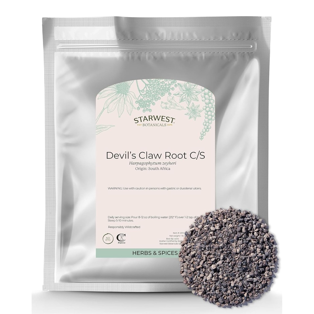 Starwest Botanicals Devil 's Claw Root - Dry Herb for Tea & Natural Herbal Blends, Pure Devil' s Claw Root, Cut & Sifted, Wildmade, Certifikasi Kosher - Bulk 1 lb Bag