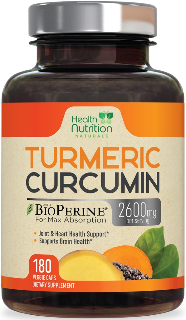 Suplemen Curcumin Turmeric 2600mg - 95% Curcuminoids dengan Labat Hitam Organik & BioPerine untuk Absorpsi Terbaik, Nature 's Vegan Compport, Non-GMO Tumeric, Botol di Amerika Serikat - 180 Capsules