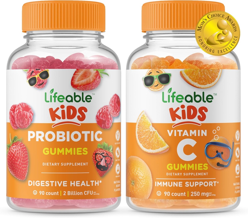 Probiotik Lifeable 2 Miliar CFU Kids + Vitamin C Kids, Gummies Bundle - Great Tasting, Vitamin Suplemen, Gluten Free, GMO Bebas, Gummy Chewable