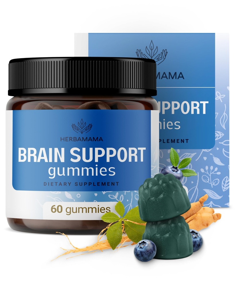 HERBAMAMA Brain Dukung Gummies - Suplai Fokus Otak untuk Dewasa dengan Ashwagandha, Basopa Monnieri, Vitamin C & B12 - Vegan, Non- GMO Calming Gummies - 60 Pectin- berbasis Blueberry- Caws Flavored