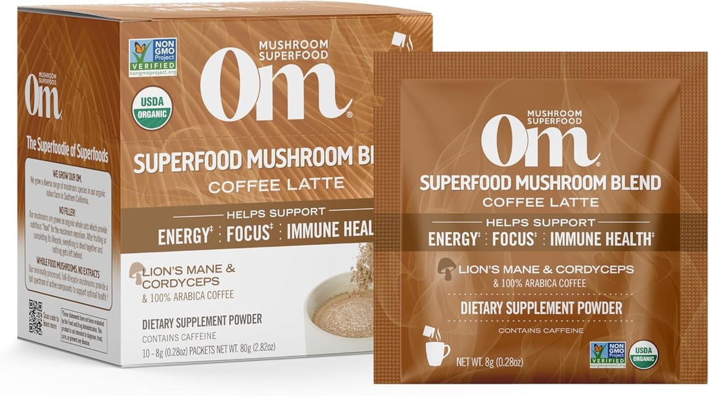 Om Mushroom Superfood Coffee Latte Blend Mushroom Powder, Single Serve, 10 Count, Lion 's Mane, Cordyceps, Reishi, Chaga, Energy & Mental Clarity Supplemen