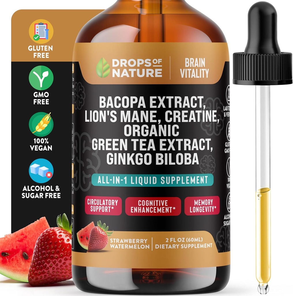 Creatine & Bacopa Liquid Drops with Lion 's Mane, Green Tea & Ginkgo Biloba - Faster Absorbing Blend than Gulmies & Colls - Vegan Supplemen Enhanced Focus & Cognition (Strawberry Watermelon, 60mL)