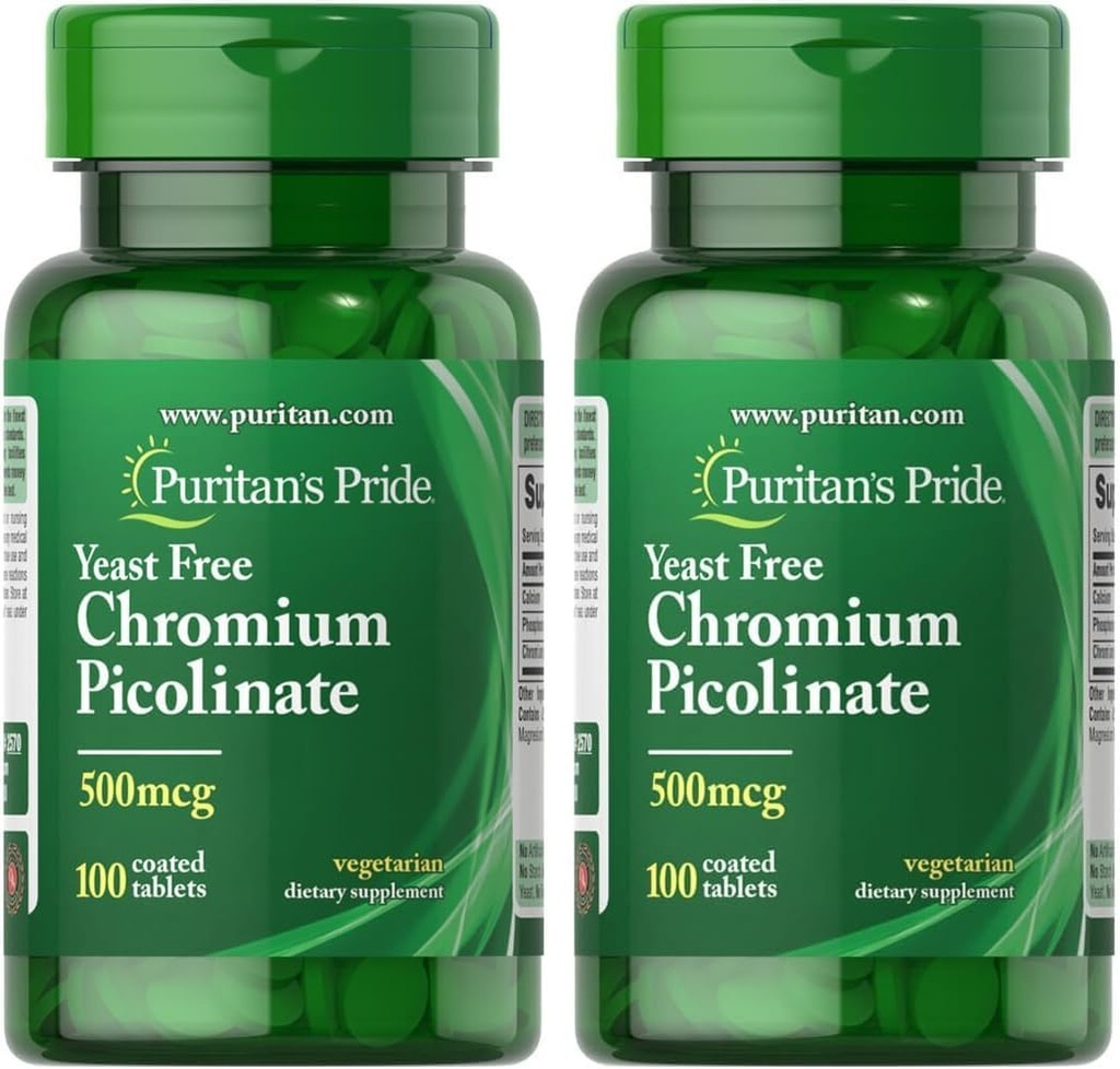 Puritan Pride Chromium Picolinate 500 Mcg Yeast Free, 100 Count (Pack of 2)