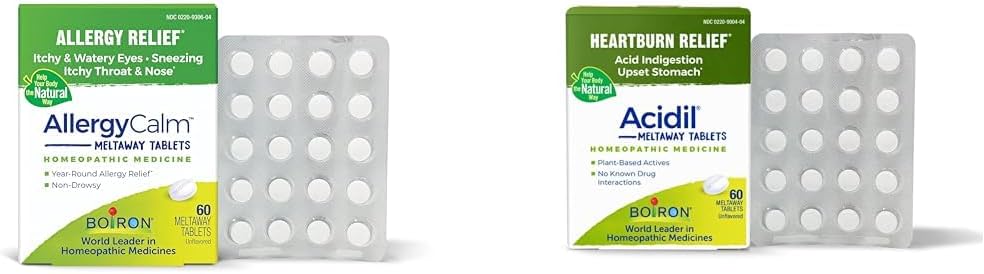 Boiron Allergy and Aciid Reflux Relief Bundle with AllergyCalm Tablets (60 Count) and Acidil for Acidil Reflux and Inditraffilition (60 Count)