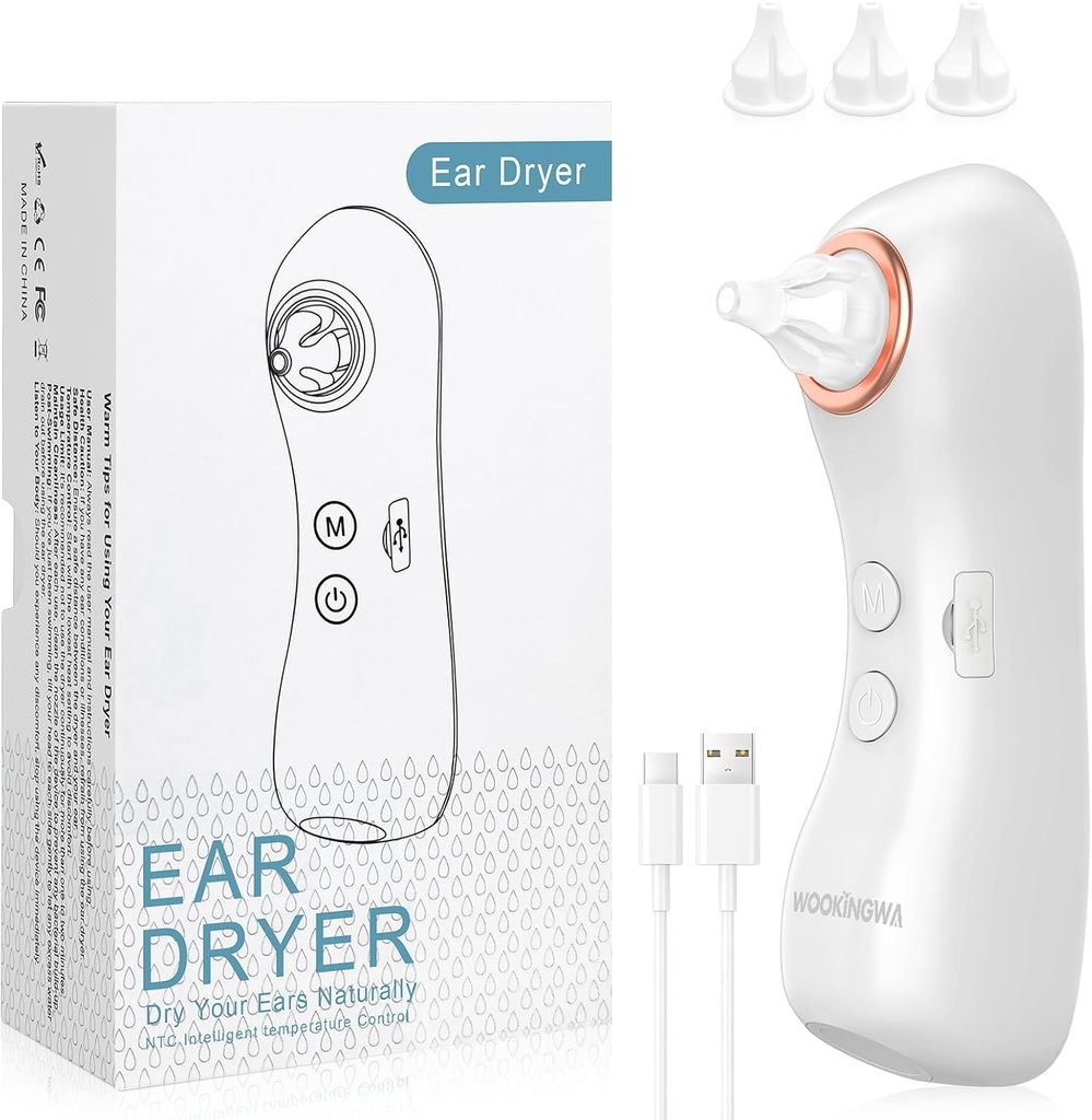 Dryer Telinga, Rechargable Ear Water Remover with Light, Electronic Air Ear Dring Device for Swimming, Showering, Surfing, Diving, Hearing Aid Use (Ear Dryer with 3 Tips)