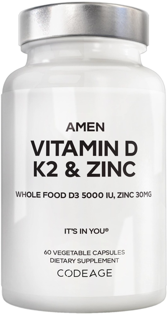 Amen Vitamin D, K2 & Zinc, Cholecalferol D3 5000 IU, Organic Whole Food Blend with Apple, Blueberry, Cranderberry Powder Fruits, Vegan Suplemen, D3 K2 Vitamin, Non-GMO - 60 Capsules