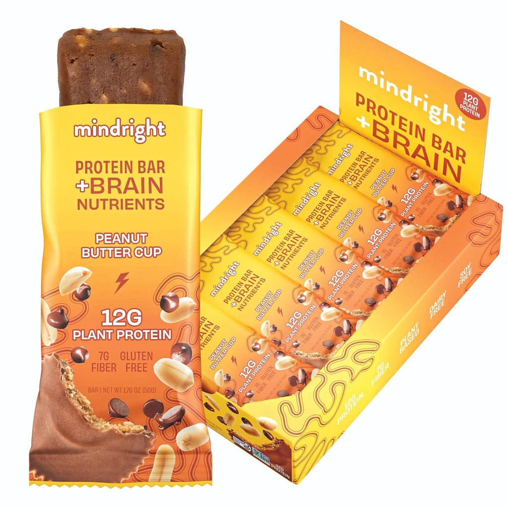 Mindright Superfood Vegan Protein Bar - Gluten Free, Non- Gmo, Low Sugar - Brain Food Snack to Enhance Mood, Energy, and Focus
