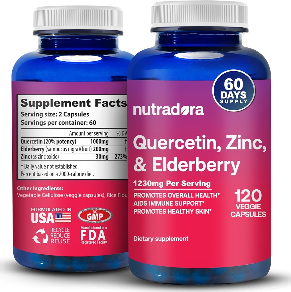 Quercetin 10000mg Veggie Capsules, Non- GMO, Elderberry Zinc Quercetin Suplemen Imune, Cardiovascular & Respiratory Health, 120 Capsules (Paket 1)