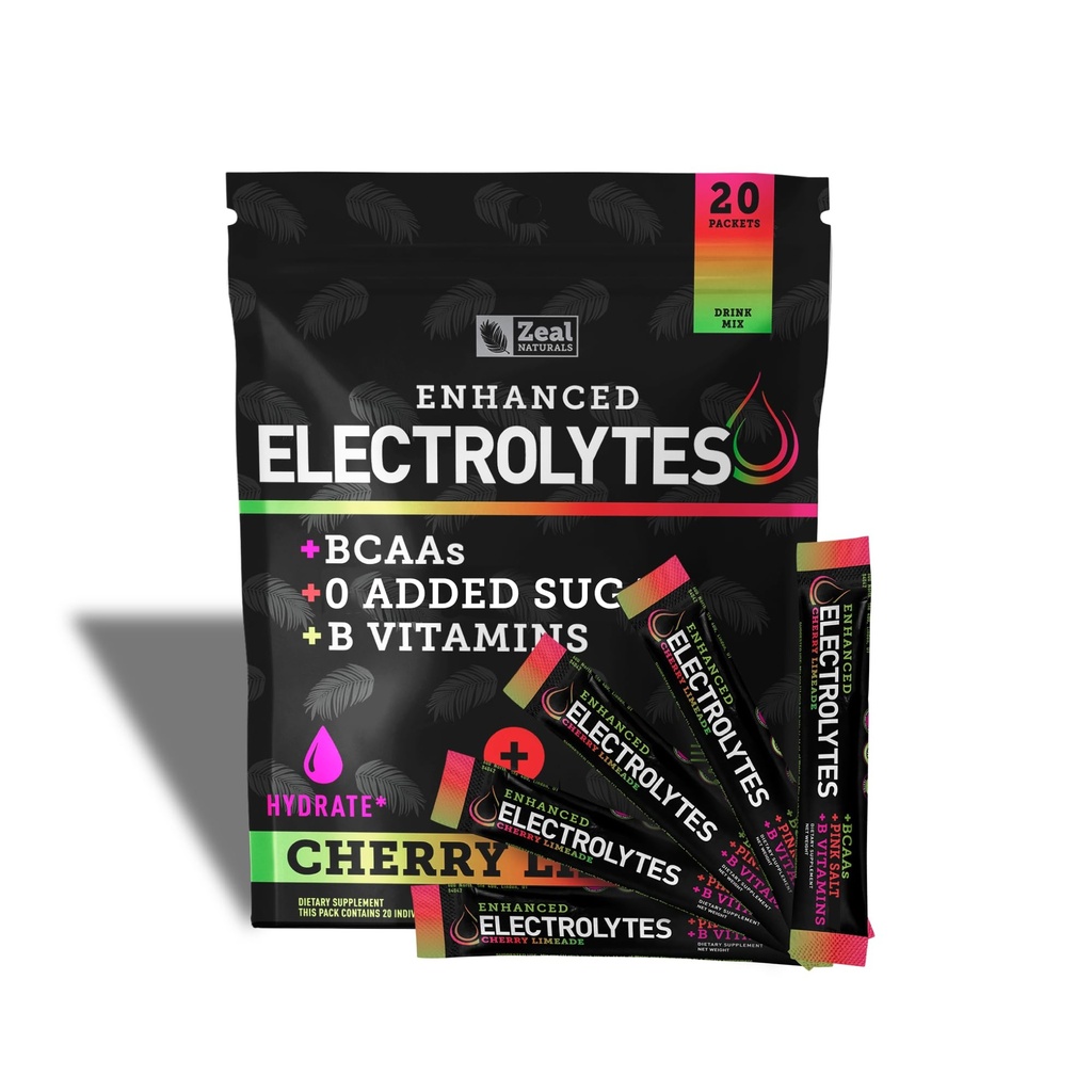 Enhanced Electrolite Powder Stick Packs (Cherry Limeade 124; 20 Packets) w / 0 Sugar + BCAAs + B-Vitamin Electrolite Suppplemen w Potemaric & Magnesium for Hydration - Keto Electrolytes