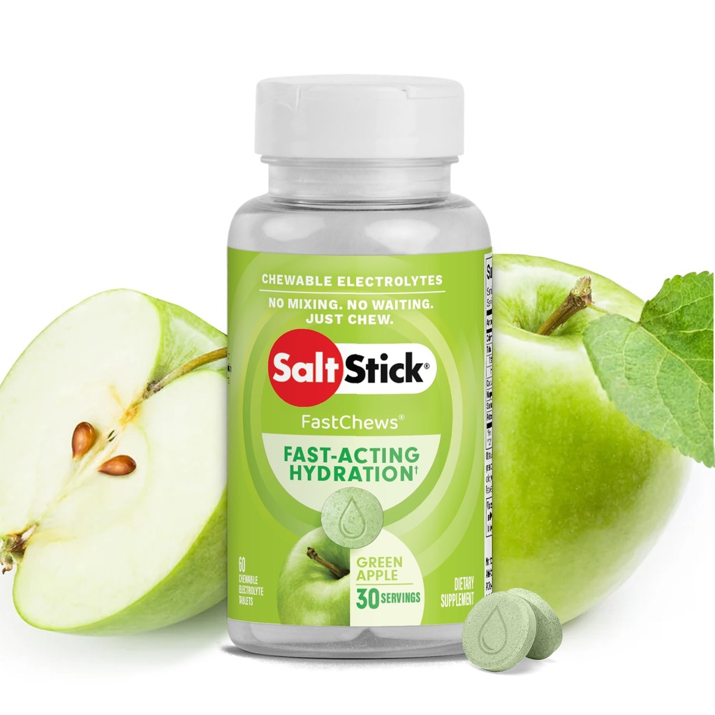 SaltStick Electrolite FastChews - 60 Green Apple Chewable Electrolytes - Salt Tablet untuk Running and Hydration, Electrolite Chews - 60 Count