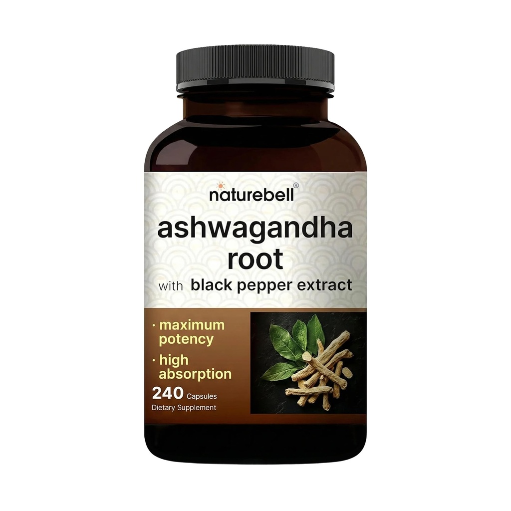 NatureBell Ashwagandha dengan Black Pepper, 240 Capsules 124; Kompleks Absorpsi Tinggi - Ekstra Kekuatan Root Extract - Adaptogens Suplemen untuk Relaxation - Non-GMO