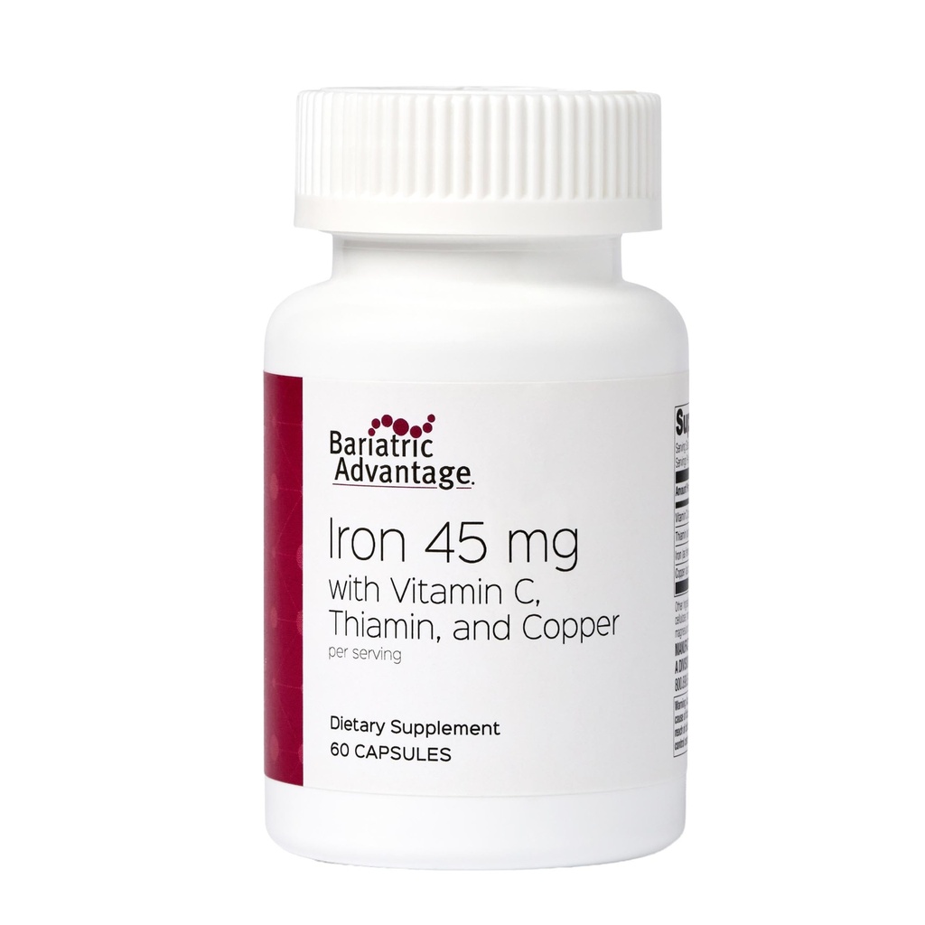 Bariatric Advices Iron 45 mg with Vitamin C, Thiamin and Copper for Increased Absorestion and Utilization, Easily Digeable for Gastric Bypass and Sleeve Gastrectomy Supcients - 60 Count