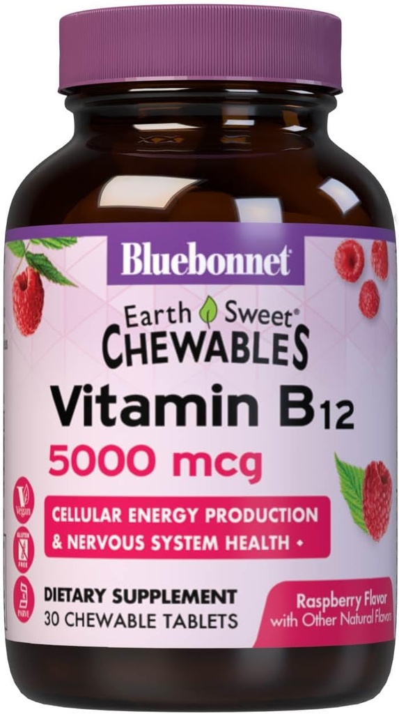 Nutrition Bluebonnet Earth Sweet Vitamin B12 5000 mcg Chelable Tablet, Soy-Free, Gluten- Free, Kosher Cerdened, Dairy- Free, Vegan, Raspberry Flavored, 30 Tewable Tablets, 30 Pelayan