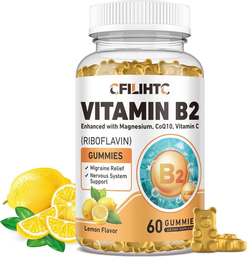 Vitamin B2 Gummies Riboflavin 400mg Tambahan untuk Anak-anak & Dewasa - Magnesium Glycinate, Zinc, CoQ10, Vitamin B12 - Migraine Relief & Energi, Dukungan Sistem Gugup, Sugar Free Lemon Flavor, 60