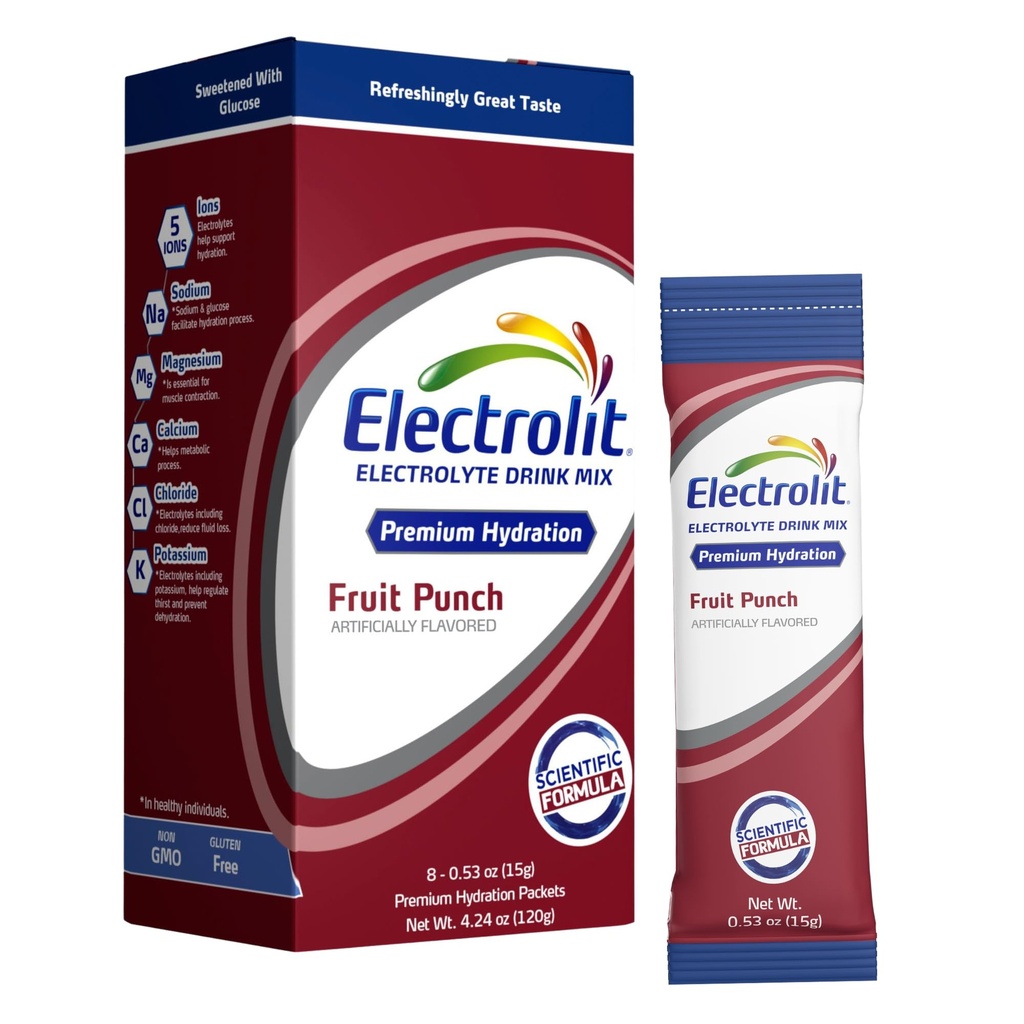 Electrolit Electrolytes Powder Packet, Fruit Punch 8 Pack, Poundering Hydration Package for Dehydration & Rehydration, Post Workout Flavored Hydrate Mix, Gluten Free Daily Water Enhancer Sticks