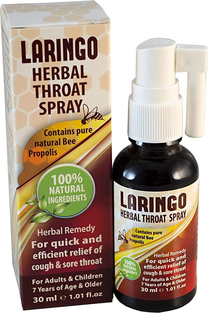 Laringo Throat Spray - Berisi Ekstrak Murni 99% Raw Bee - 100% Tenggorokan Alam untuk Orang dewasa dan Anak-anak - Bebas Gluten, Bantuan Cepat. Kosher - 1 FL Oz