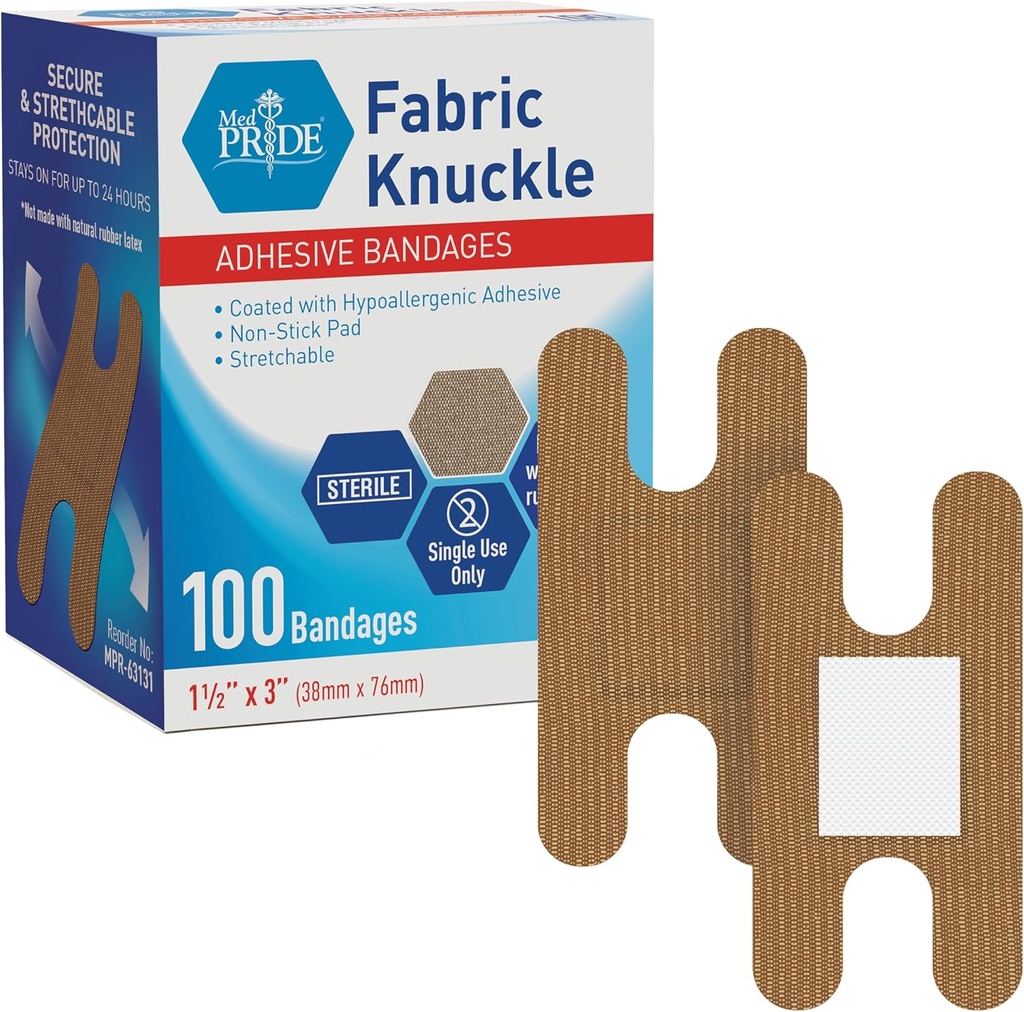 MED PRIDE 100 Sterile Fabric Fingertip, Finger, dan Knuckle Bandages - Latex dan Rubber Free Hypoallergenic, 1.5in X 3in
