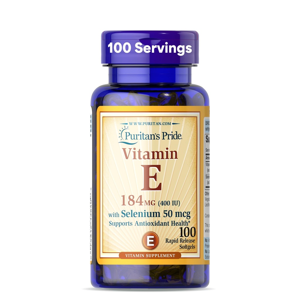 Puritan 's Pride Vitamin E 184mg (400 IU) dengan Selenium 50mcg, Vitamin Suplemen Untuk Sistem Imune dan Dukungan Kesehatan Antioksidant, 3 Bulan Supply, 100 Rapid Rapid Lepaskan Softgels